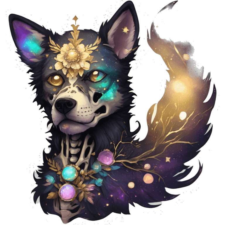 iridescent kintsugi fluffy zombie black brown gold dog fox head zombie skull skeleton gold mechanical nebula galaxy stars colorful flowers fairy lights vintage zombie emoji