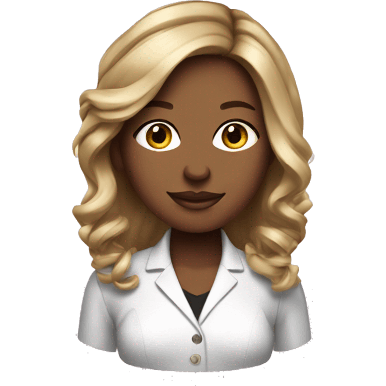 Girly girl with balayage hair working in corporate, wearing pink emoji