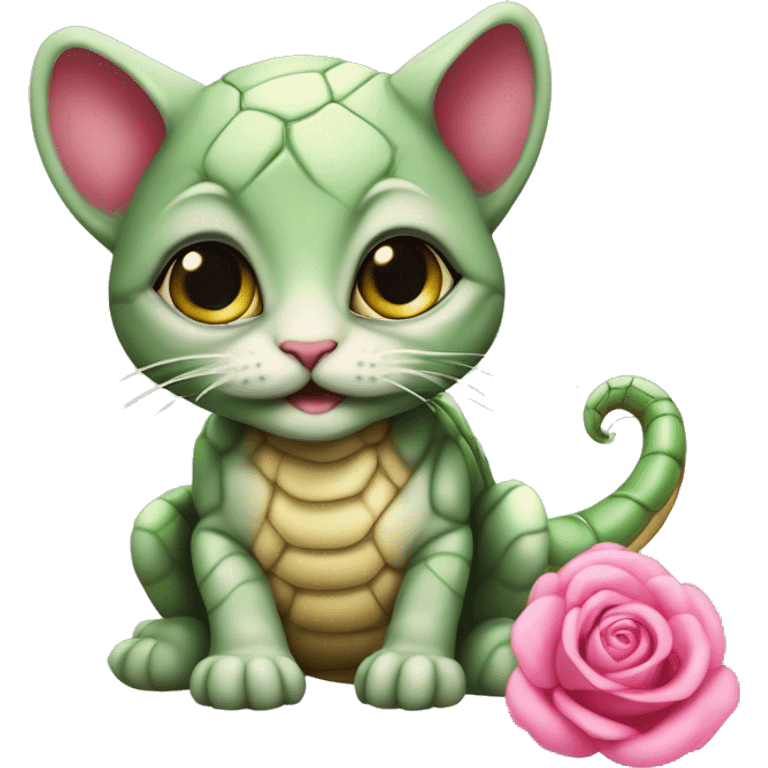 Un chaton couleur écailles de tortue, avec des yeux verts et les pupilles d’un serpent, avec un petit noeud rose autour du cou emoji