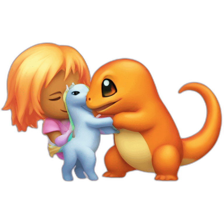 Charmander hugging a unicorn emoji