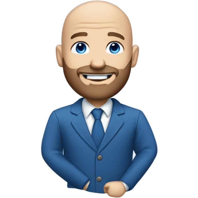 blue-eyed smiling bald man with a beard in a blue suit emoji