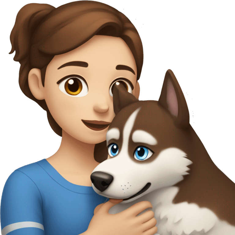 a girl with blue eyes and brown hair hugs a husky dog ​​with brown eyes emoji