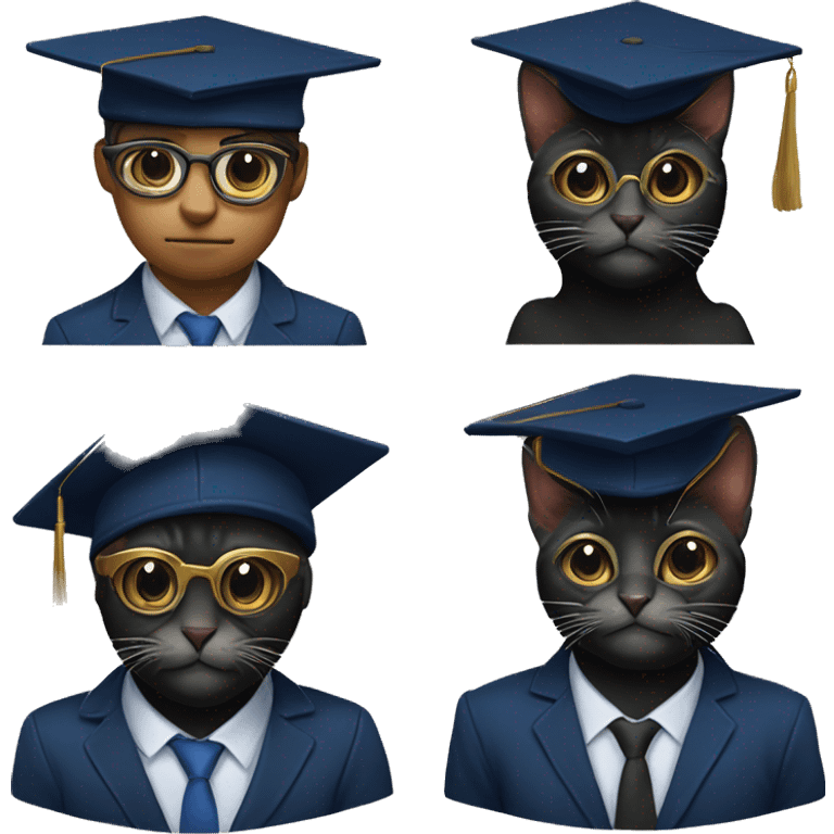 The student is a black wool cat in a dark blue suit, a square academic dark blue cap and golden glasses emoji