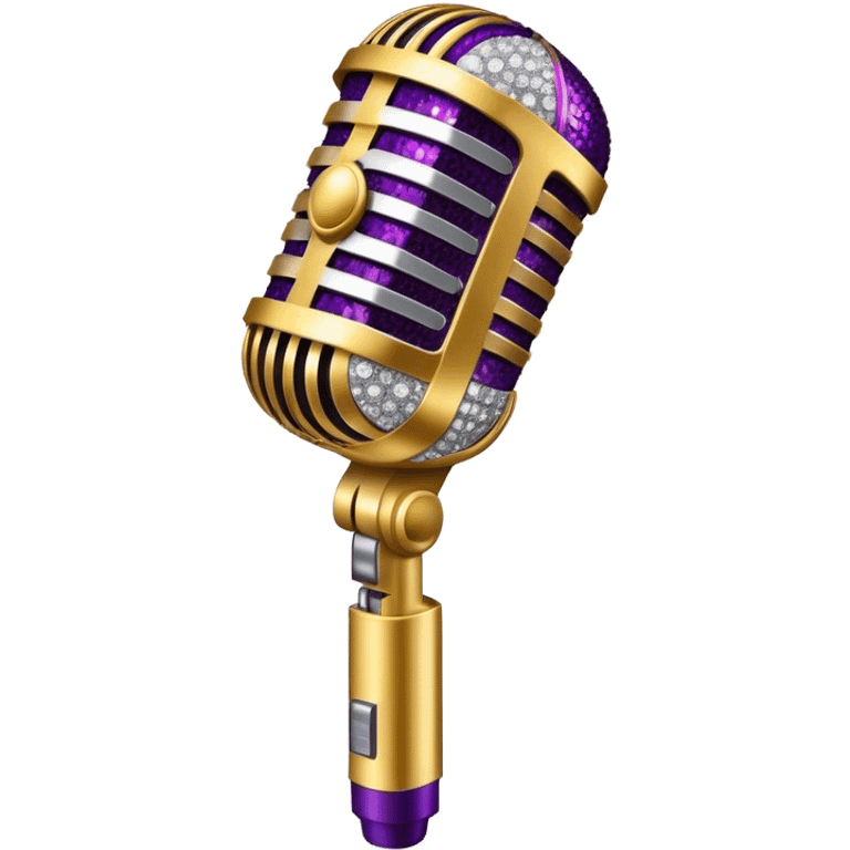 Create a glamorous and vibrant emoji representing stage vocal performance. The design should feature a classic vintage microphone at the center, surrounded by an eye-catching stage costume covered in rhinestones, sparkling brightly. The costume should be stylized, with glittering elements like sequins and sparkles, and reflect the glitzy, extravagant nature of show business. The microphone should have a sleek, retro look with chrome or metallic accents. Use rich, dazzling colors like gold, silver, deep purple, and bright red to evoke the glamorous, larger-than-life feel of a stage performance. The background should be transparent. emoji