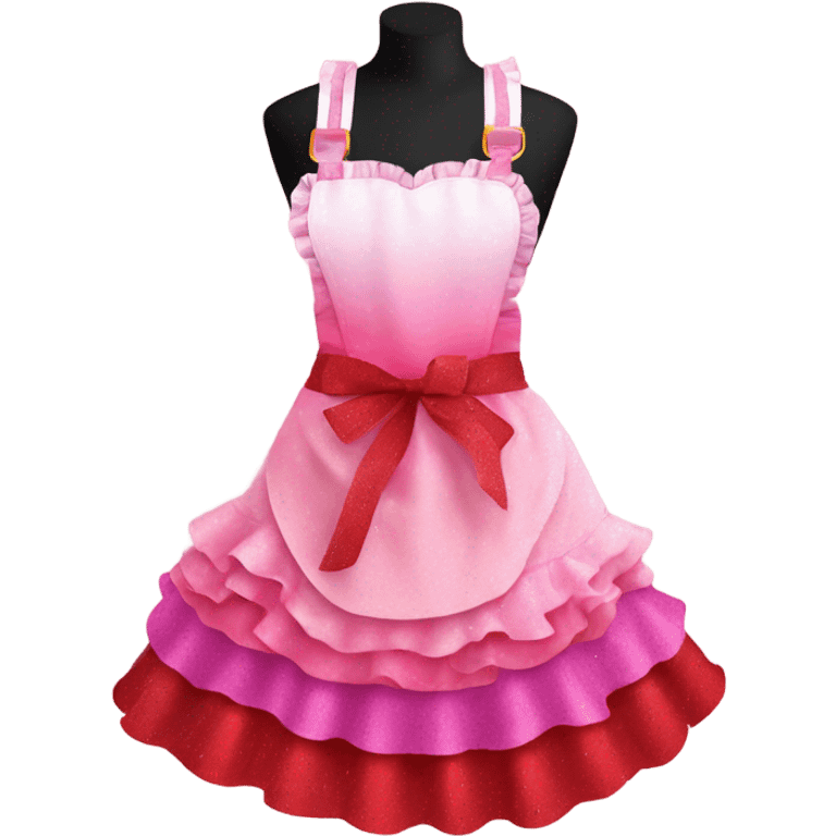 Pink ombre apron with multiple red hearts, ruffles, & glitter emoji