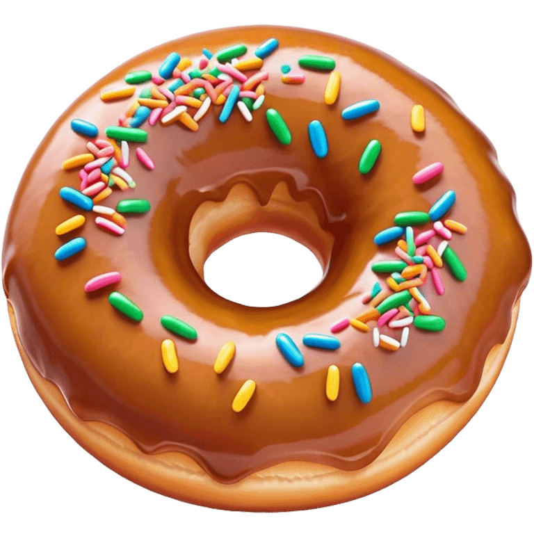 Cinematic Realistic Donut Dessert Emoji, depicted as a fluffy glazed donut with colorful sprinkles rendered with detailed textures and playful, warm lighting. emoji