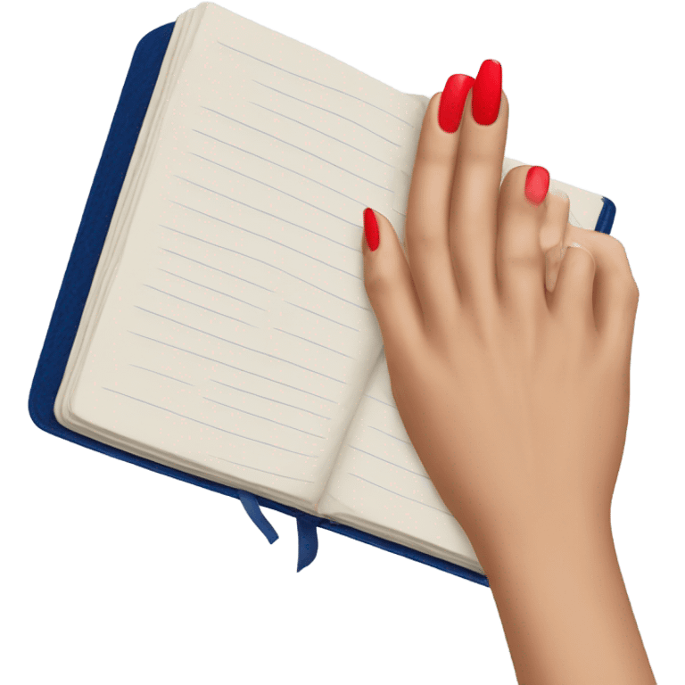 a hand with a red manicure holds a dark blue diary emoji