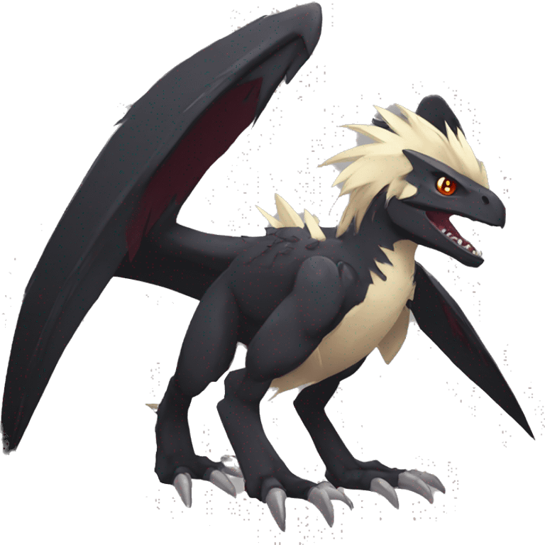  Cool Edgy Black Digimon-Fakemon-Raptor-Reptile with beige belly and maroon-colored mane full body emoji