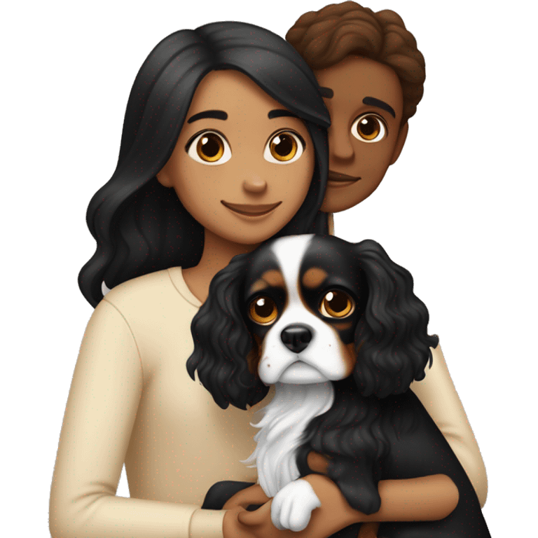 girl with black hair, and light skin, hugging two black and brown cavalier king charles spaniel  emoji