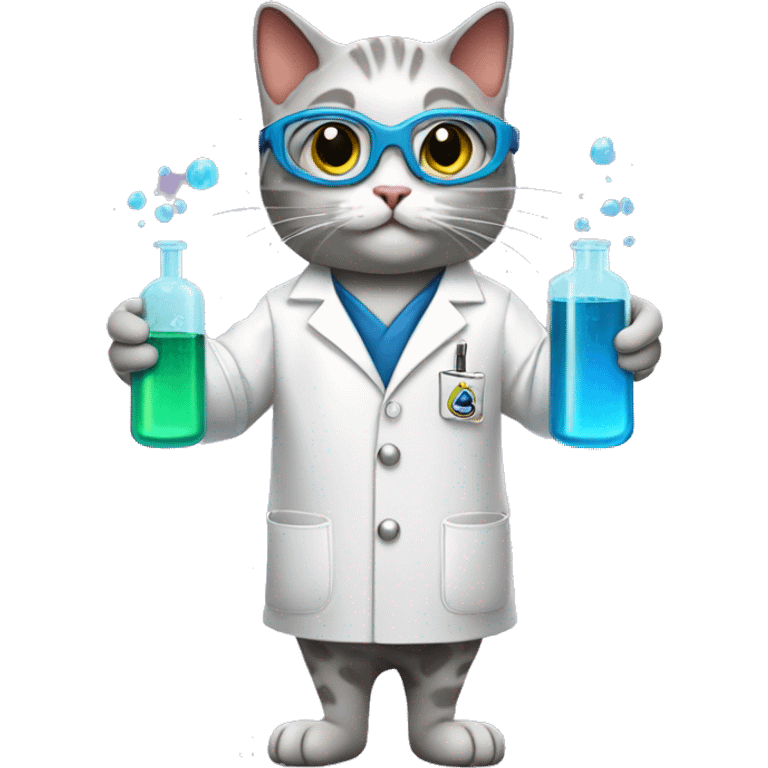 Cat wearing chemistry lab coat goggles and has two flasks with chemicals, one on each hand. show whole body  emoji