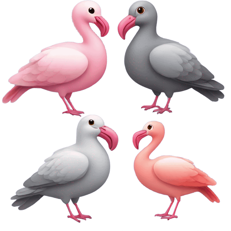 Three gray pigeons, and one flamingo in a park setting emoji