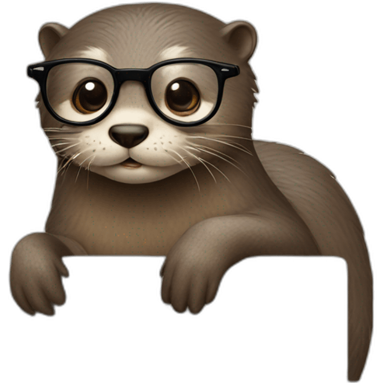 otter wearing eyeglasses back to a pillow using a macbook emoji