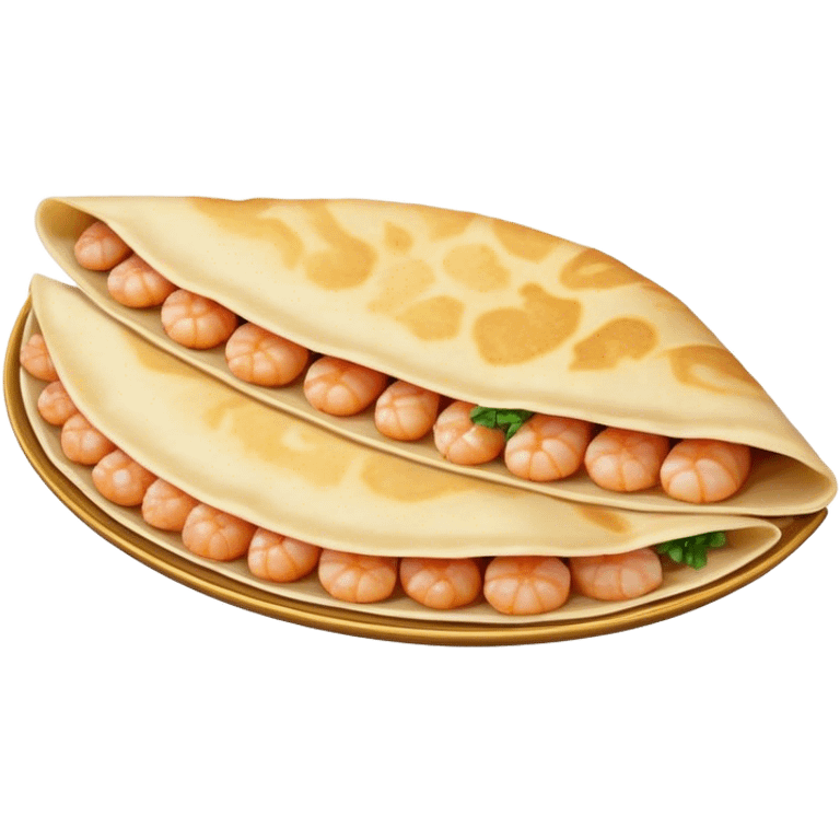 Bánh Xèo Cinematic Realistic Bánh Xèo Dish Emoji, depicted as a crispy, folded semi circle crepe filled with tiny shrimp and pork, rendered with dynamic textures and vibrant, appetizing lighting. emoji