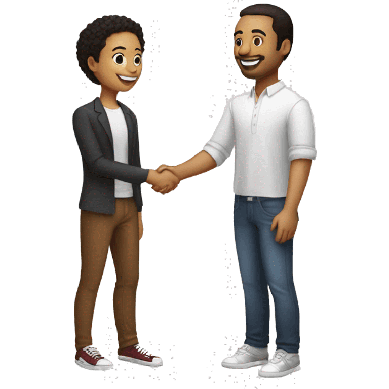 an adult restaurant owner and a yoan adult restaurant owner and a young blogger shake hands, both with white skin, in great detail, in full height emoji