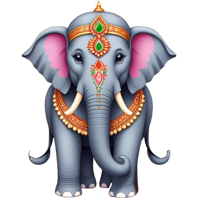 Decorated Indian elephant – Cinematic Realistic Decorated Indian Elephant, depicted as a majestic elephant adorned with vibrant, ornate ceremonial decorations and rich, colorful fabrics, set against a festive Indian backdrop with warm golden lighting that highlights its cultural significance. emoji