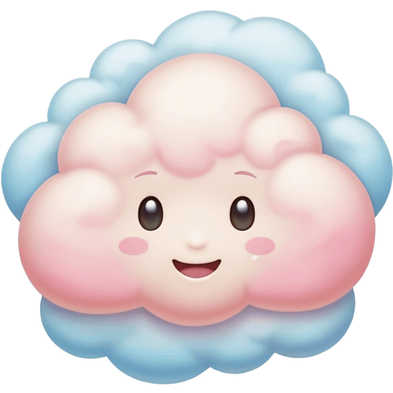 Cinematic round pastel cloud, soft puffy texture, gentle glowing edges, tiny happy face with blushing cheeks, floating in a dreamy sky, warm and magical. emoji