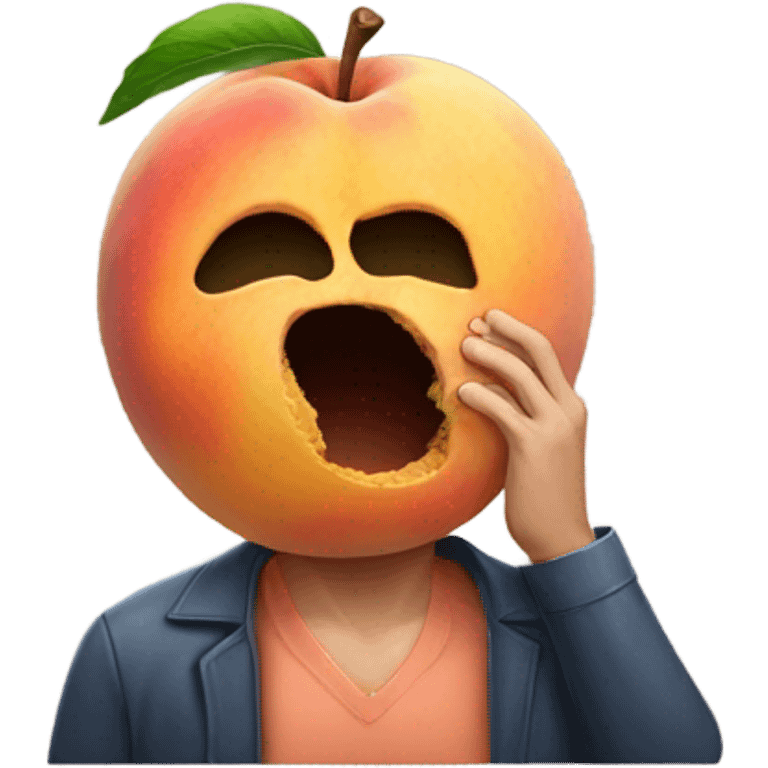 Man burying face into giant peach emoji