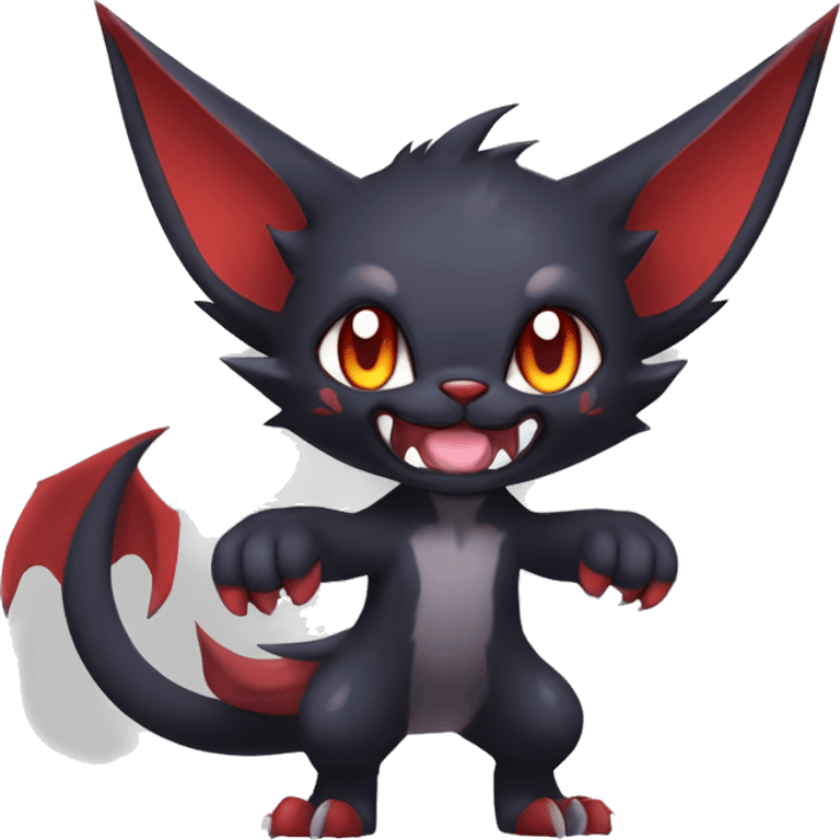   cool cute fantasy anime dark animal vampiric Litten-Zoroark-Nargacuga-cat-hybrid Fakemon with big fangs and bat-ears full body emoji