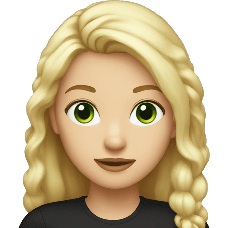 woman with blond hair and green eyes in a black shirt emoji