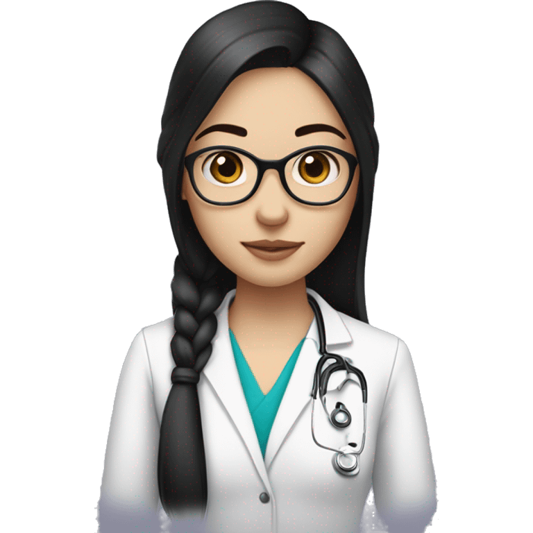 Girl with black shoulder length straight hair and dark brown eyes with oversized glasses and pale skin. Wearing a stethescope around her neck emoji