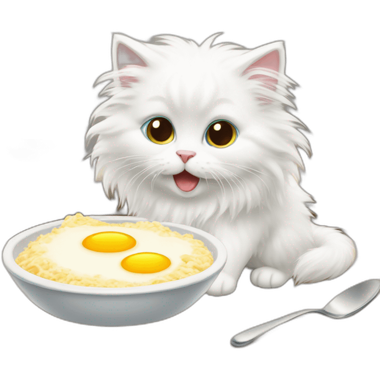 Long-haired white fluffy kitten preparing breakfast. emoji