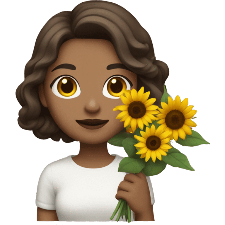 a white girl with shoulder length dark brown hair, small rosy lips holding a bouquet of sunflower emoji