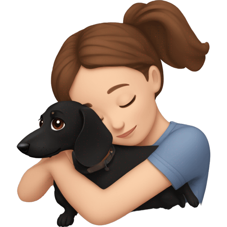 Girl with brown hair snuggling a black dachshund emoji