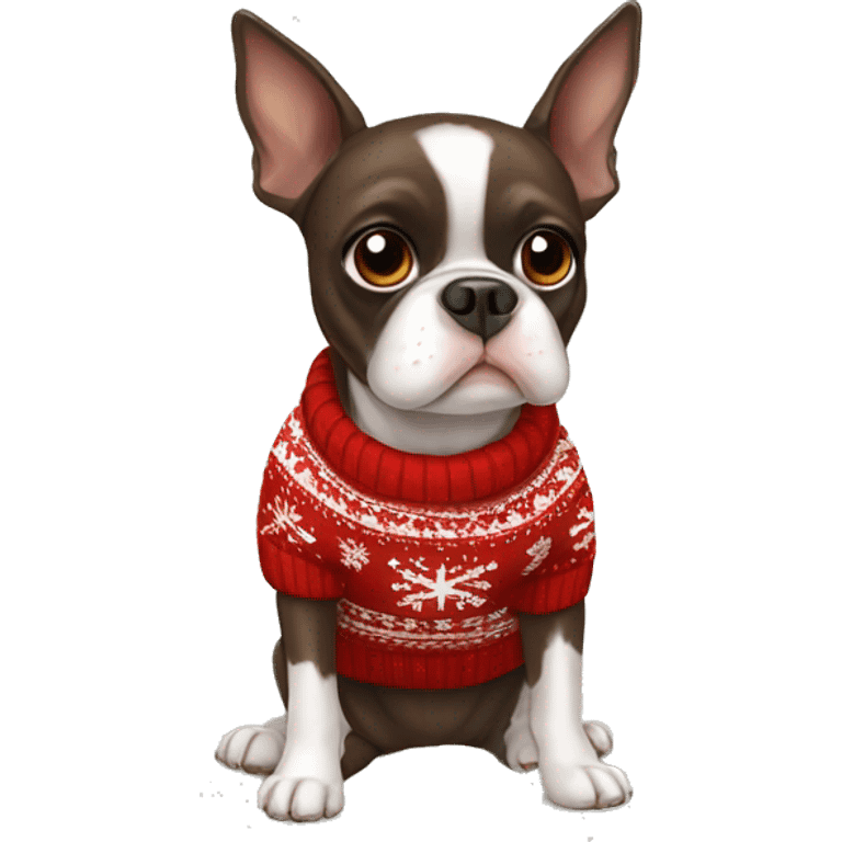 Brown Boston terrier wearing Christmas sweater emoji