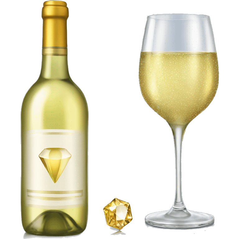 Realistic sparkling diamond glam bottle of white Wine and matching long stem wine glass. emoji