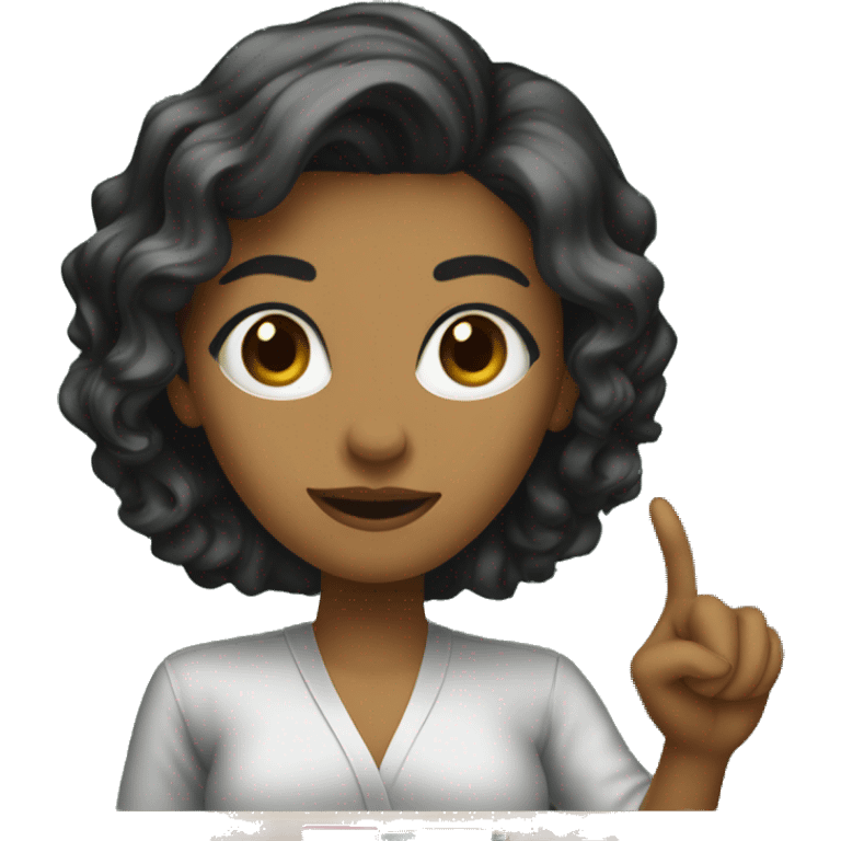 A female researcher in her 20s wearing a gown. Her hair is black short and her skin is white. She is pointing at a blackboard emoji