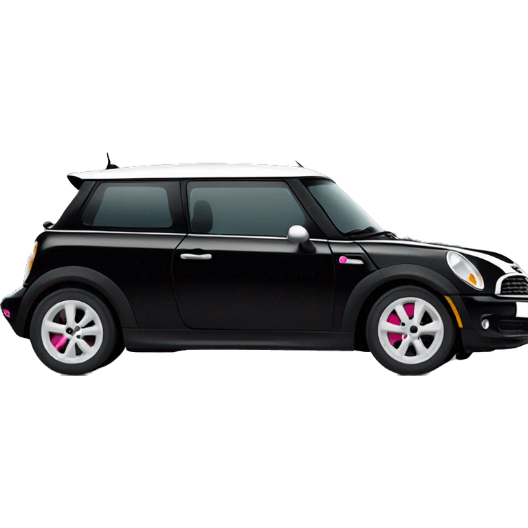 Black mini cooper, white roof, black doors, with hot pink stripes emoji