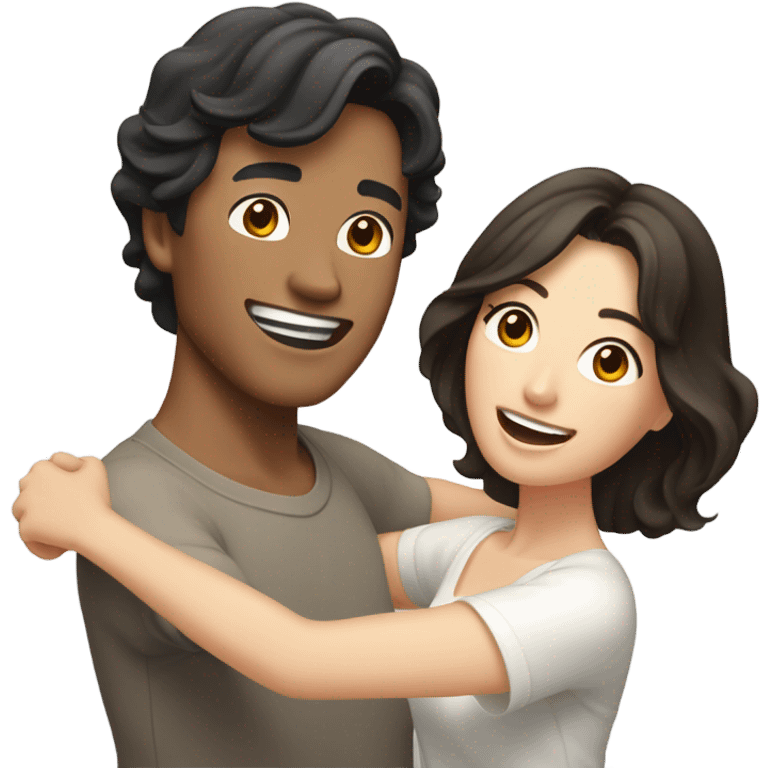 A pale half Asian man with short dark hair and white woman with long wavy brunette hair dancing together emoji