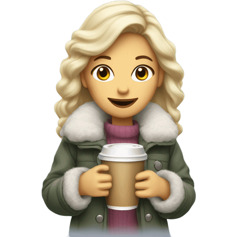 blondegirl wearing fluffy jacket and a coffee to go in hand emoji