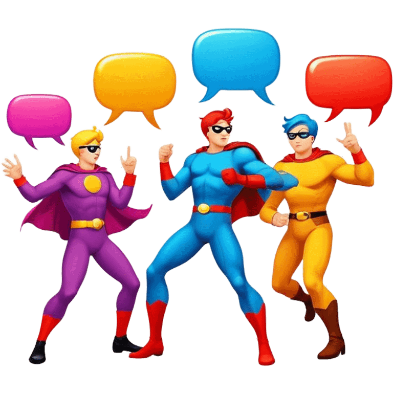 Comic drawing, bold lines, colorful speech bubbles, vibrant characters, dynamic action, bright colors, traditional comic book style, minimalistic design, on a white background. emoji