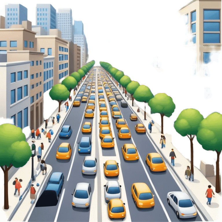 A busy street with shops, cars, and people walking, symbolizing urban life and movement. The street is lined with buildings and has sidewalks and traffic emoji