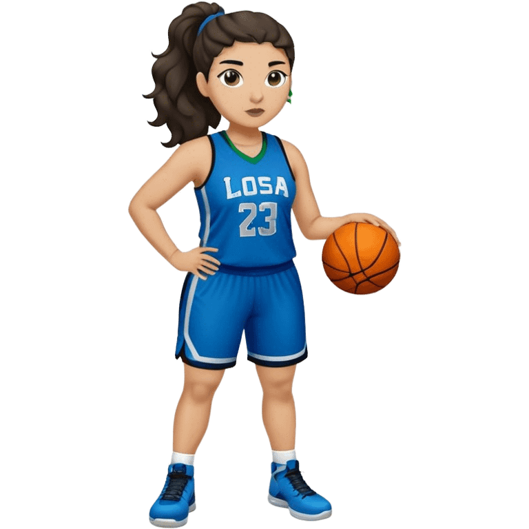 full body plus size light skin latino women basketball player with wavy dark hair in pony tail wide nose wearing blue uniform with green accent emoji