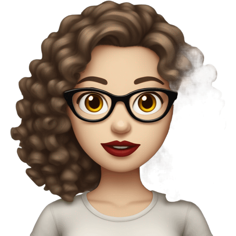 girl, dark brown hair, big lashes, big red lips, curly hair, glasses, hazelbrown eyes, pale skin, red lips, long hair, holding starbusk emoji