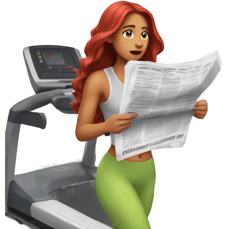 Latina with long red hair on a treadmill while she reads the paper emoji