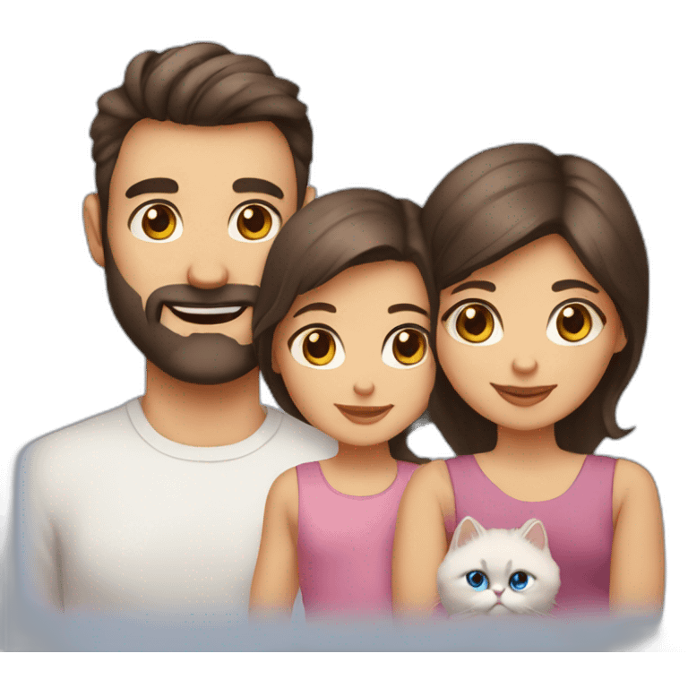 Family of three dad with brown eyes mother with blue eyes baby girl and one Persian cat emoji