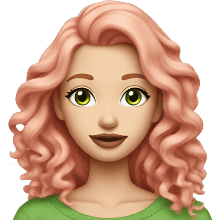 Redhead blonde girl pink sweater pink lipstick green eyes gold earrings pink nails wavy long hair full body emoji