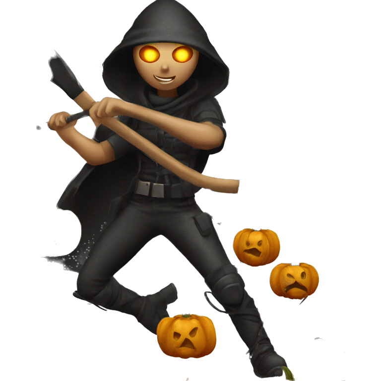 Human female pumpkin hunter with a scythe, glowing pumpkin eyes inside a black helmet, Halloween theme, emoji emoji