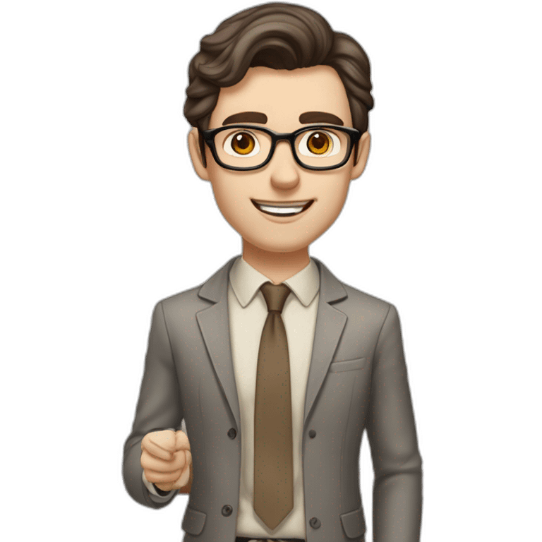 Pale skinned fit man with dark brown hair in gray jacket, beige office shirt, brown tie, brown pants and vintage glasses Writing on the flipchart emoji