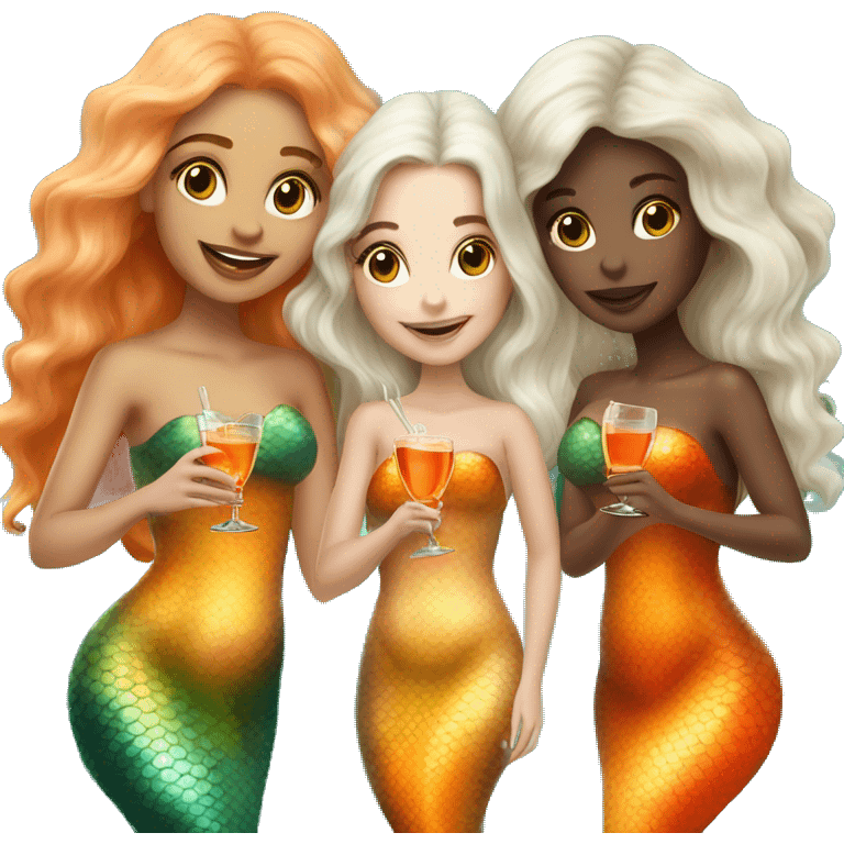 Three beautiful mermaids (light skin) drinking aperol emoji