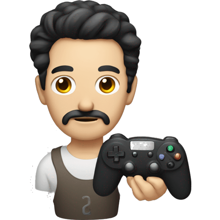 dark hair dark eye man with short mustache holding game controller emoji