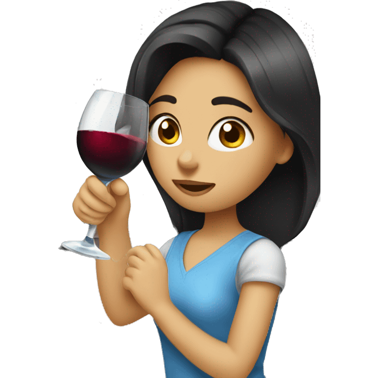 Girl with dark hair and blue eyes drinking wine while cleaning  emoji