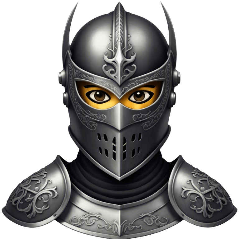 A masked man knight with intricate black engravings on his steel helmet, eyes glowing with fury emoji