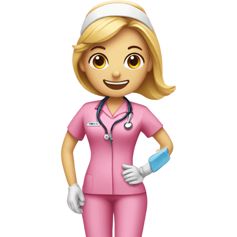 A nurse in pink scrubs, holding a toothbrush  emoji