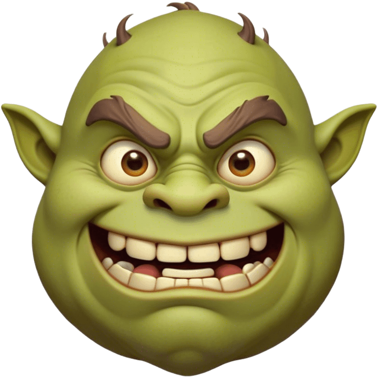 Cinematic Comical Ogre Portrait Emoji, with a strikingly exaggerated, bulky figure in vivid earthy greens and browns, head tilted in a dramatically surprised expression with wide, comically bulging eyes and a goofy, oversized grin, simplified yet hilariously exaggerated, highly detailed with a soft, cartoonish glowing outline capturing the playful absurdity of a meme-worthy ogre! emoji