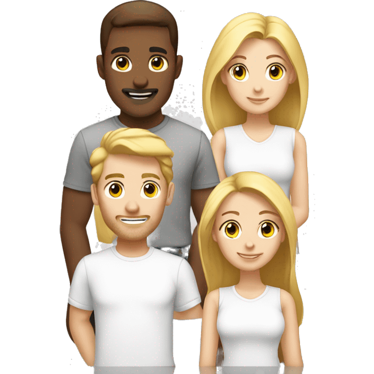 Digital team emoiji consisting of 2 women and 3 men. One blonde woman, one blond man, rest brown hair. All white in tshirts. emoji