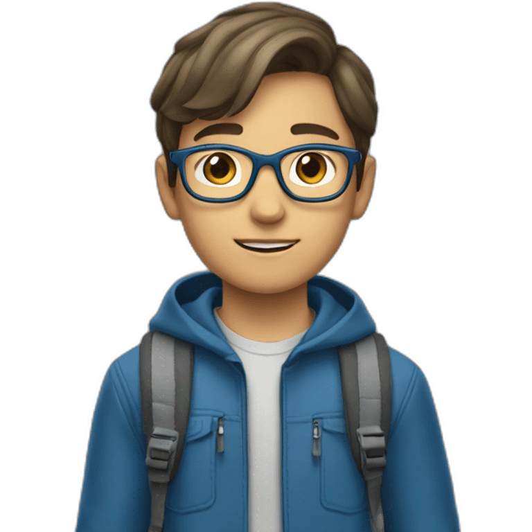 a 12-year-old boy with brown hair and gray eyes wearing glasses in a blue jacket with a backpack on his back emoji